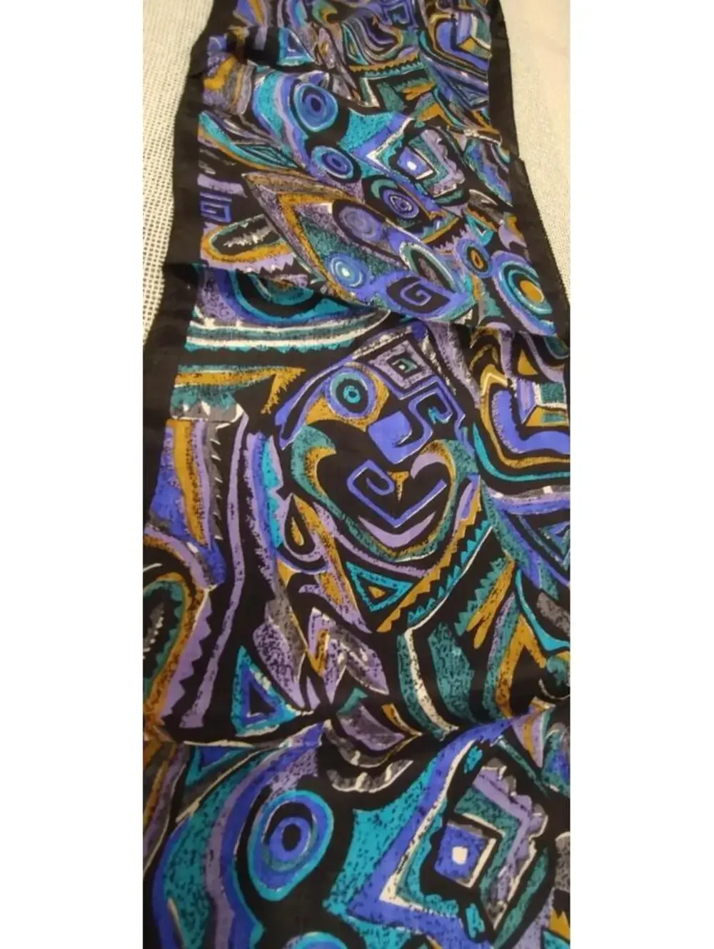 Picasso Inspired Art Tribal Scarf PURE SILK INDIA VINTAGE 80s Purple Black Swirl